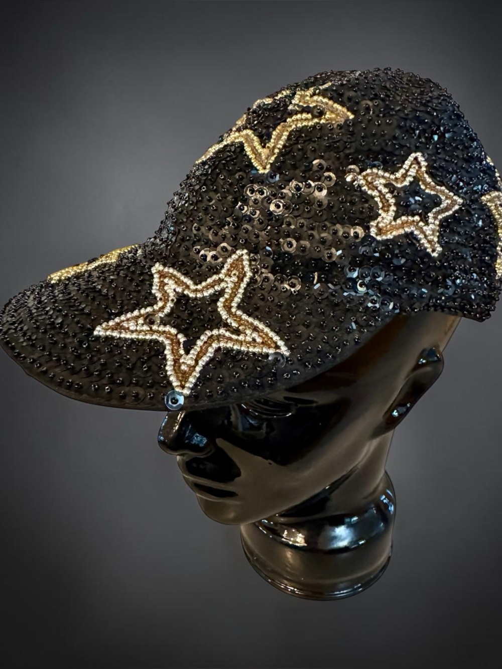 Vtg 90s Black Sequin Ball Cap Gold Sequin Beaded Stars OS Boho City Casino